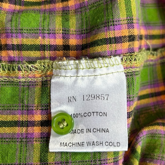 shirt by rochelle behrens Green Pink Flannel Plaid Ruffle Long Sleeve Dress Sz S - Picture 10 of 12